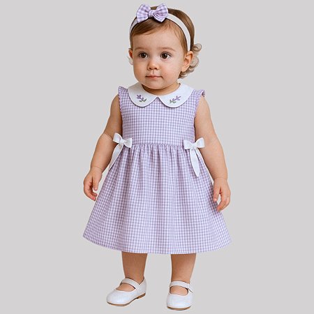Vestido Bebê Infantil 100% Algodão com Laço e Tiara Xadrez Lilás