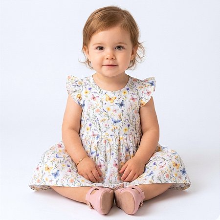 Vestido Infantil Bebê Floral com Borboletas Confortável e Macio 100% Algodão - Gabi