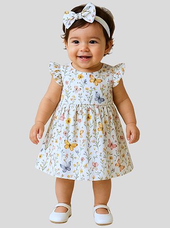 Vestido Infantil Bebê Floral com Borboletas e Faixa de Cabelo Confortável e Macio 100% Algodão - Gabi