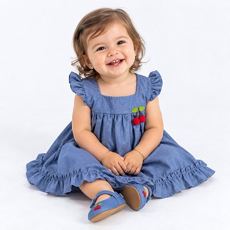 Vestido Bebê Infantil Premium Jeans 100% Algodão e aplique de Cereja 2 Meses a 6 Anos Catarina