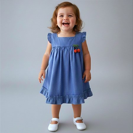 Vestido Bebê Infantil Premium com Estampa Jeans 100% Algodão e aplique de Cereja