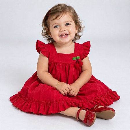 Vestido Bebê Vermelho Luxo Aplique Cereja Manga Curta 100% Algodão Mundo Nina