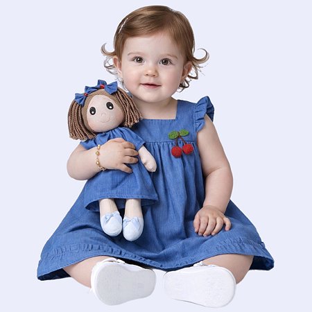 Vestido Jeans Azul com 100% Algodão Aplique de Cereja e Boneca de Pano - Catarina