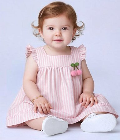 Vestido Bebê e Infantil Listrado Rosa com aplique Cereja 100% Algodão