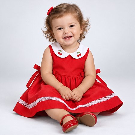 Vestido Bebê Menina e Infantil com bordado Cereja gola branca 100% Algodão 2 Meses a 8 Anos Marina