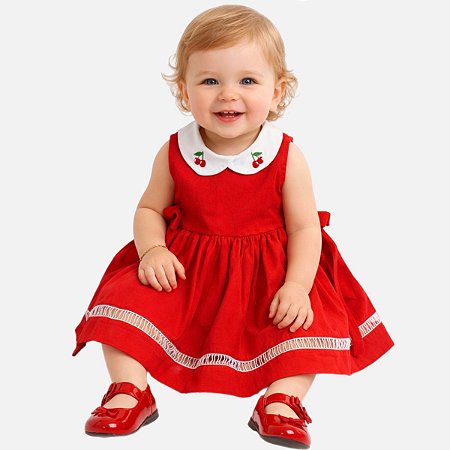 Vestido Bebê e Infantil com Cerejinha bordado na gola branca 100% Algodão - Marina