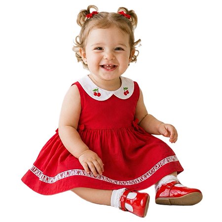 Vestido Bebê e Infantil com Cerejinha bordado na gola branca 100% Algodão - Marina