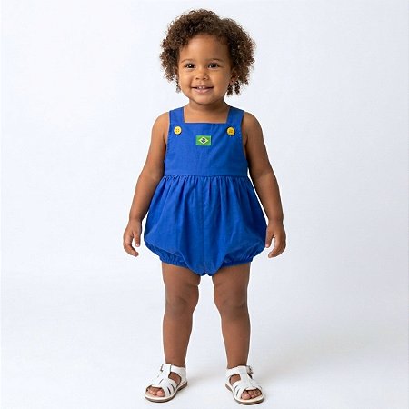 Macacão Bebê Azul Brasil Jardineira Menina Copa do Mundo 100% Algodão