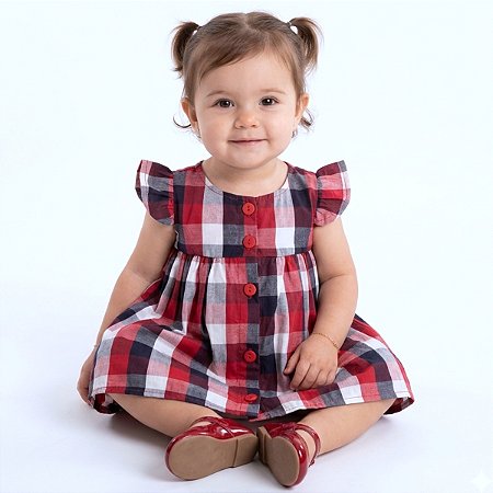 Vestido Bebê Xadrez Luxo Festa Manga Curta 100% Algodão Cecilia