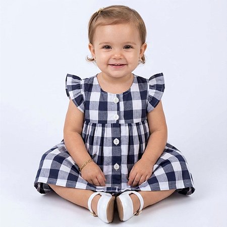 Vestido Bebê Xadrez Luxo Festa Manga Curta 100% Algodão Valentina