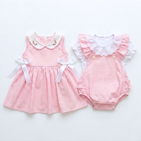 Kit Vestido Jardineira e Blusinha Premium 3 Peças 2 Meses a 1 Ano 100% Algodão - Clara
