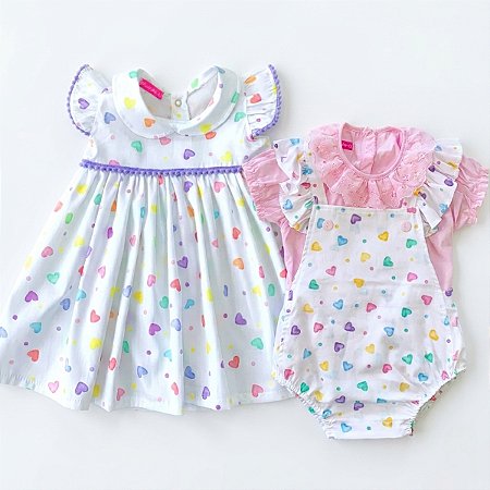Kit 3 Peças Vestido + Jardineira + Blusinha Rosa Luxo 2 Meses a 1 Ano 100% Algodão Rebeca
