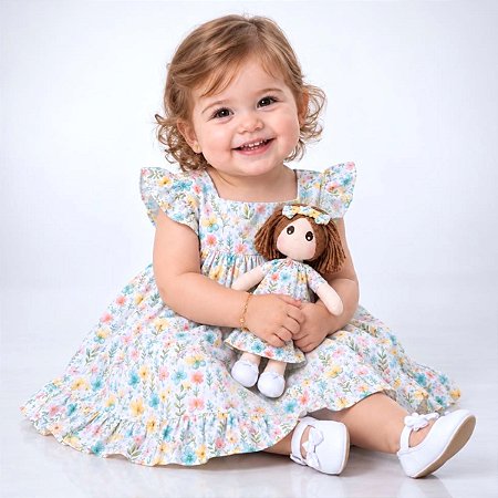 Kit Vestido Bebê Menina Florido Premium com Boneca 100% Algodão Manga Curta