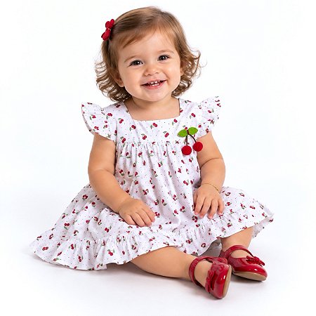 Vestido Bebê Menina 100% Algodão Estampa Cereja 2 Meses a 6 Anos Bibi