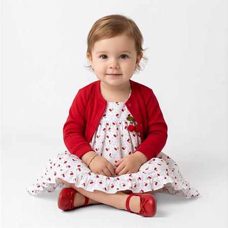 Vestido Bebê Cereja 100% Algodão com Bolero Plush 2 Meses a 6 Anos