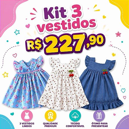 KIT 3 VESTIDOS 100% ALGODÃO 2 MESES A 6 ANOS