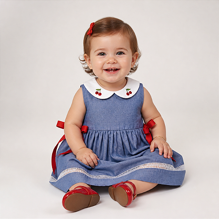 Vestido Infantil Jeans Gola Branca Bordado Cereja 100% Algodão 2 Meses a 8 Anos Mavie
