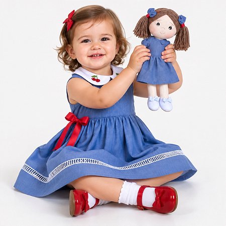 Kit Vestido Bebê Infantil com Boneca Gola Bordado Cereja 2 Meses a 8 Anos MAVIE