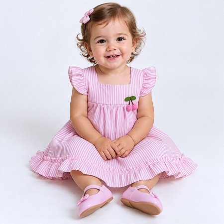 Vestido Bebê Infantil Premium Rosa Listrado 100% Algodão Antonella