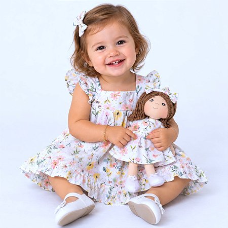 Kit Vestido Bebê Infantil Estampado com Boneca Combinando 2 Meses a 8 Anos Malu