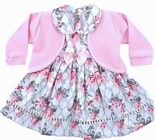 Vestido de Bebê Florido Rosa com Bolero 100% Algodão - Imperial Rosa