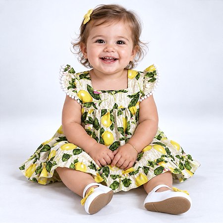 Vestido Bebê Infantil Estampado Macio Confortável 100% Algodão 2 Meses a 6 Anos Limão