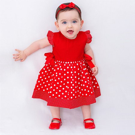 Vestido de Bebê 100% Algodão - Poá Vermelho