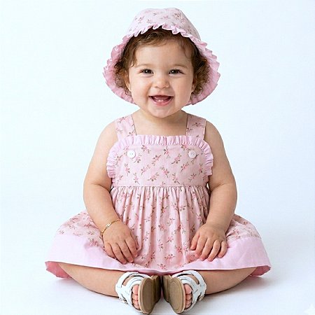 Vestido Bebe Floral Rosa com Chapéu 100% Algodão