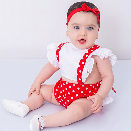 Body Jardineira Bebê com Tiara Poá Vermelho 100% Algodão