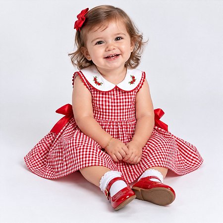 Vestido de Bebê e Infantil 100% Algodão Xadrez Vermelho 2 Meses até 6 Anos Giulia