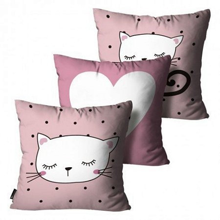 Kit com 3 Almofadas Gato Rosa - com enchimento