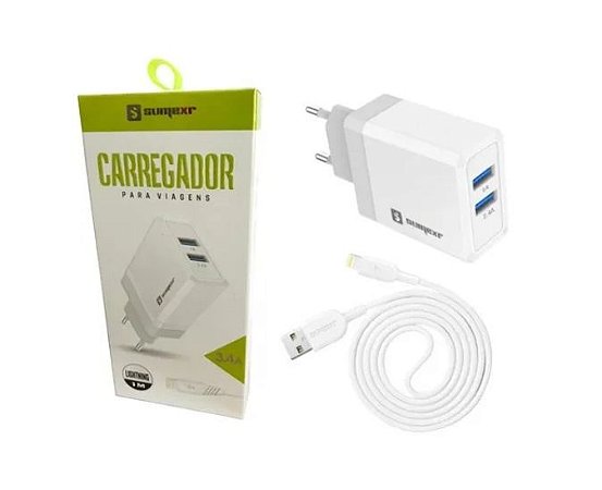 SUMEXR - KIT CARREGADOR 2 USB 3.4A  + CABO LIGHTNING
