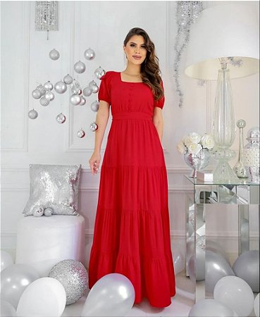 Vestido longo Vermelho com botões frontais com saia três marias e faixa
