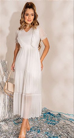 Vestido Branco Midi com listras prata e um leve brilho com babados no busto