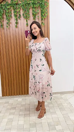 Vestido Midi Floral com decote quadrado e mangas bufantes