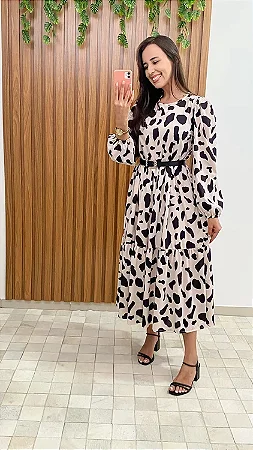 Vestido Midi estampado com manga bufante