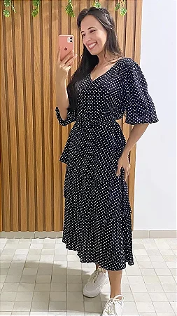 Vestido Poá preto com branco