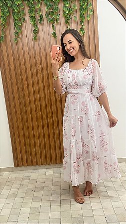 Vestido Floral com mangas bufantes/princesa com detalhe plissado frontal