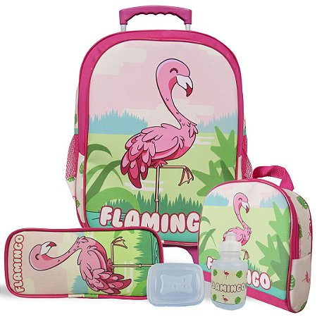 Kit Mochila Escolar Infantil Tam G de Rodinhas Flamingo