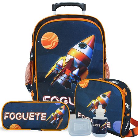 Kit Mochila Escolar Infantil Tam G de Rodinhas Foguete