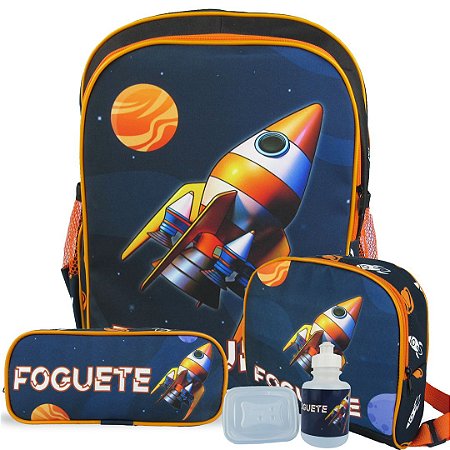 Kit Mochila Escolar Infantil Foguete Tam G