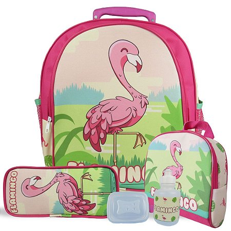 Kit Escolar Mochila Infantil de Rodinhas Tam M Flamingo