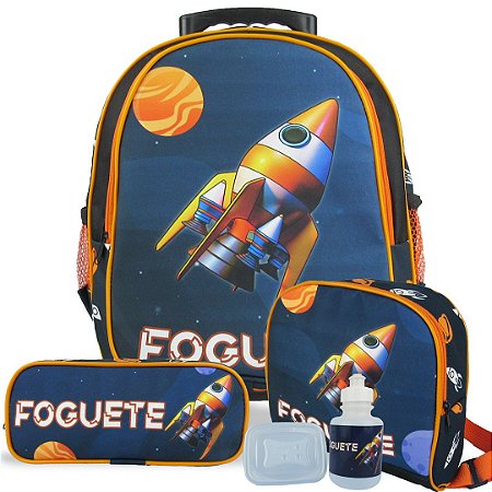 Kit Escolar Mochila Infantil de Rodinhas Tam M Foguete