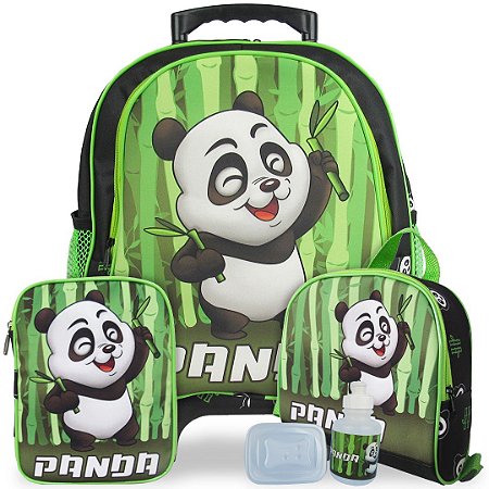 Kit Mochila Escolar Infantil Panda Tam M Rodinhas