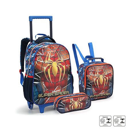 Kit Mochila Infantil Escolar Rodinhas Homem Aranha Com Lancheira Estojo Seanite