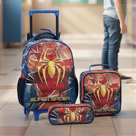Kit Mochila Infantil Escolar Rodinhas Homem Aranha Com Lancheira Estojo Seanite