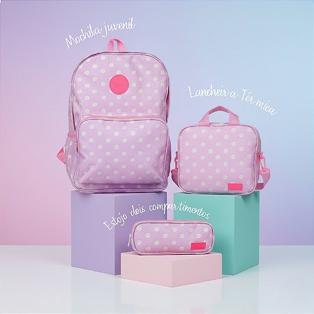 Kit Mochila Feminina Margaridas Rosa com Lancheira e Estojo
