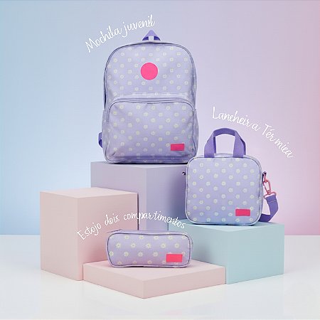 Kit Mochila Feminina Margaridas Lilás com Lancheira e Estojo