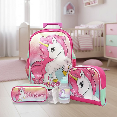 Kit Mochila Com Rodinhas Unicórnio Fantasy Tamanho G - Vou Leve