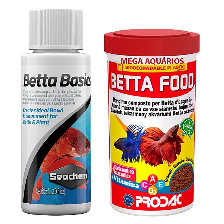 Kit peixe Betta ração Prodac 15g + Seachem Betta Basics ajustar ph